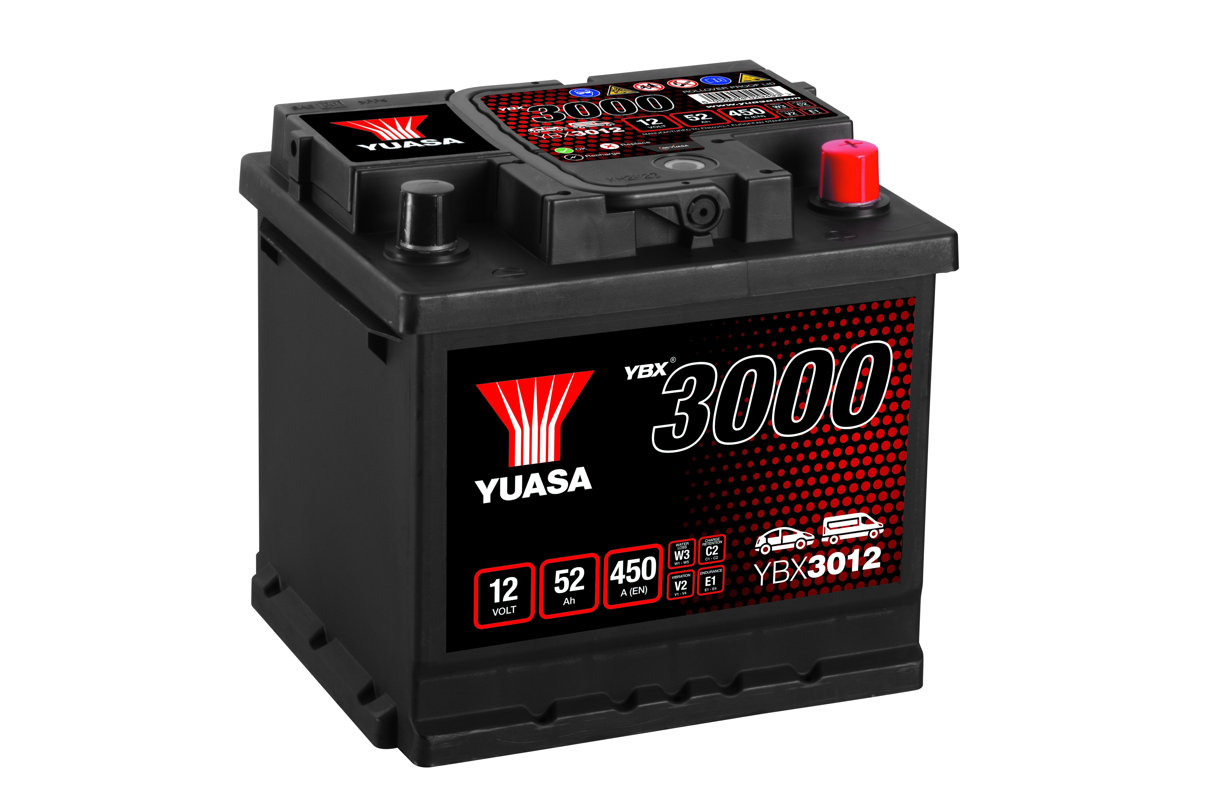 YUASA Starterbatterie YBX3000 SMF 12 V, 52 Ah, 450 A ybx3012 12V 68Ah 450A für Opel BMW Volvo Fiat TOYOTA ALFA ROMEO Vaughall LANCIA Citroën/Peugeot