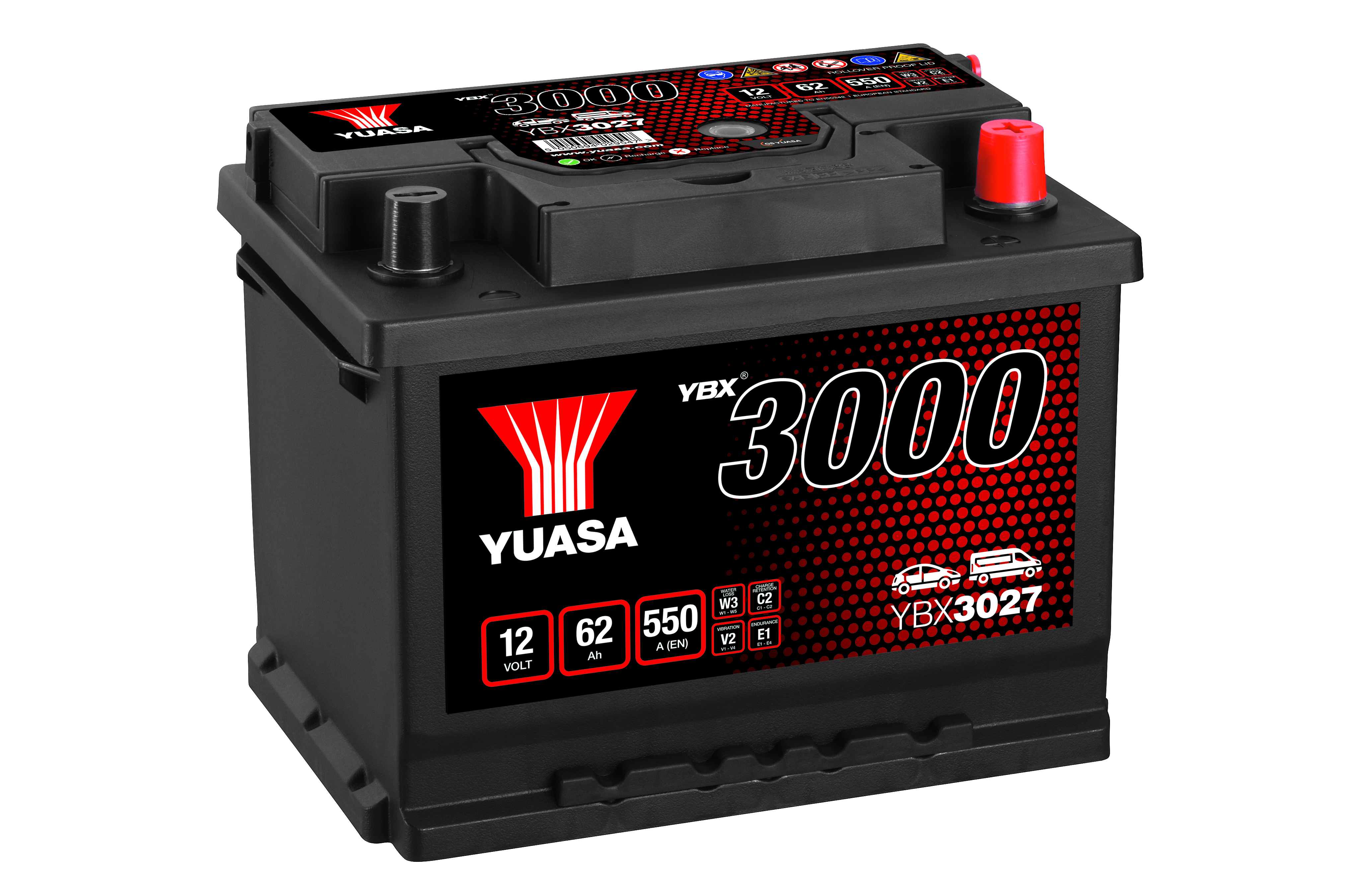 YUASA Starterbatterie YBX3000 SMF 12 V, 62 Ah, 550 A ybx3027 12V 68Ah 550A für Ford Iveco Fiat Volvo Mercedes Vaughall CHEVROLET ALFA ROMEO CITR