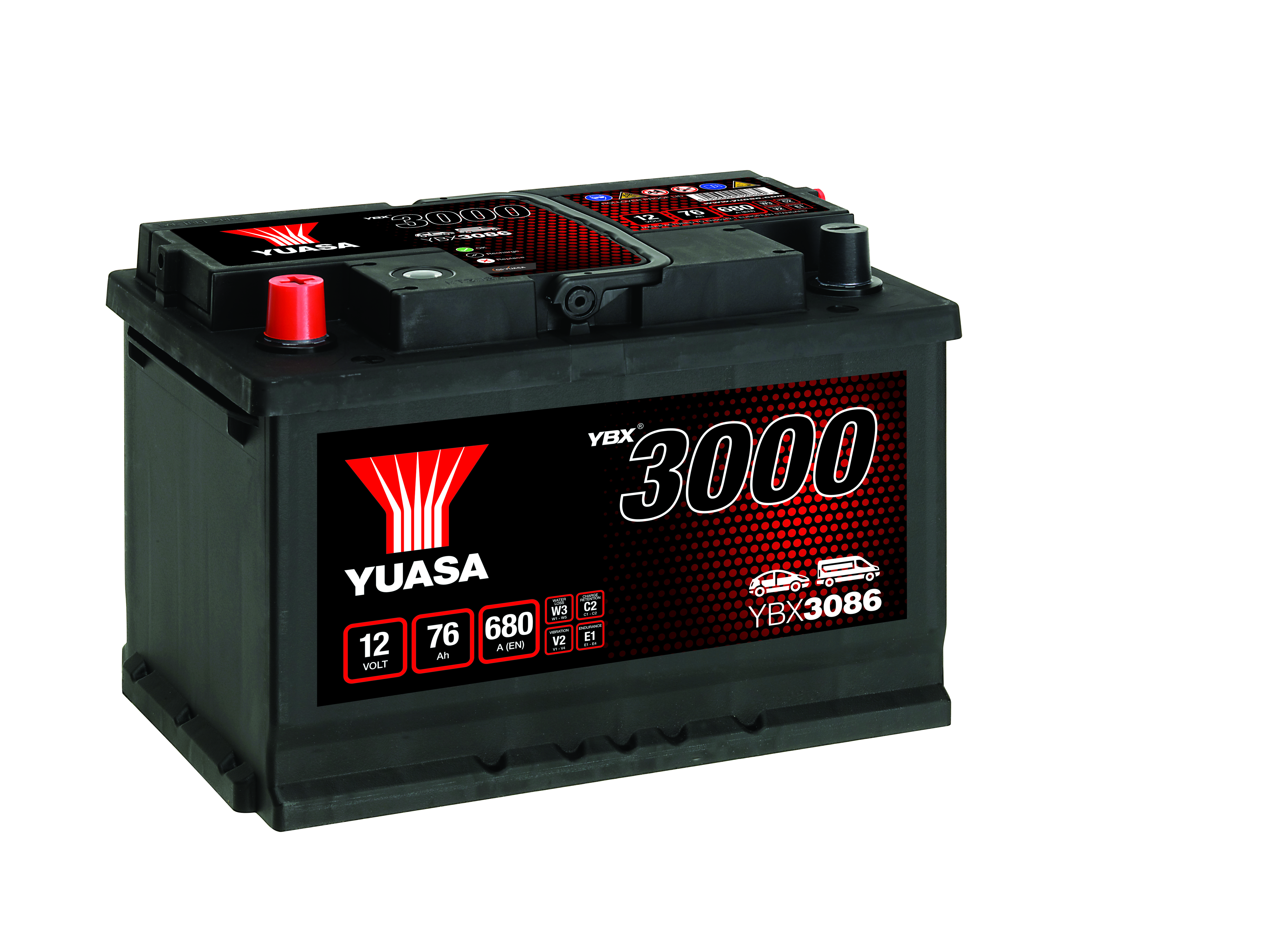YUASA Starterbatterie YBX3000 SMF 12 V, 76 Ah, 680 A ybx3086 12V 68Ah 680A für LANCIA ALFA ROMEO TOYOTA HYUNDAI Citroën/Peugeot