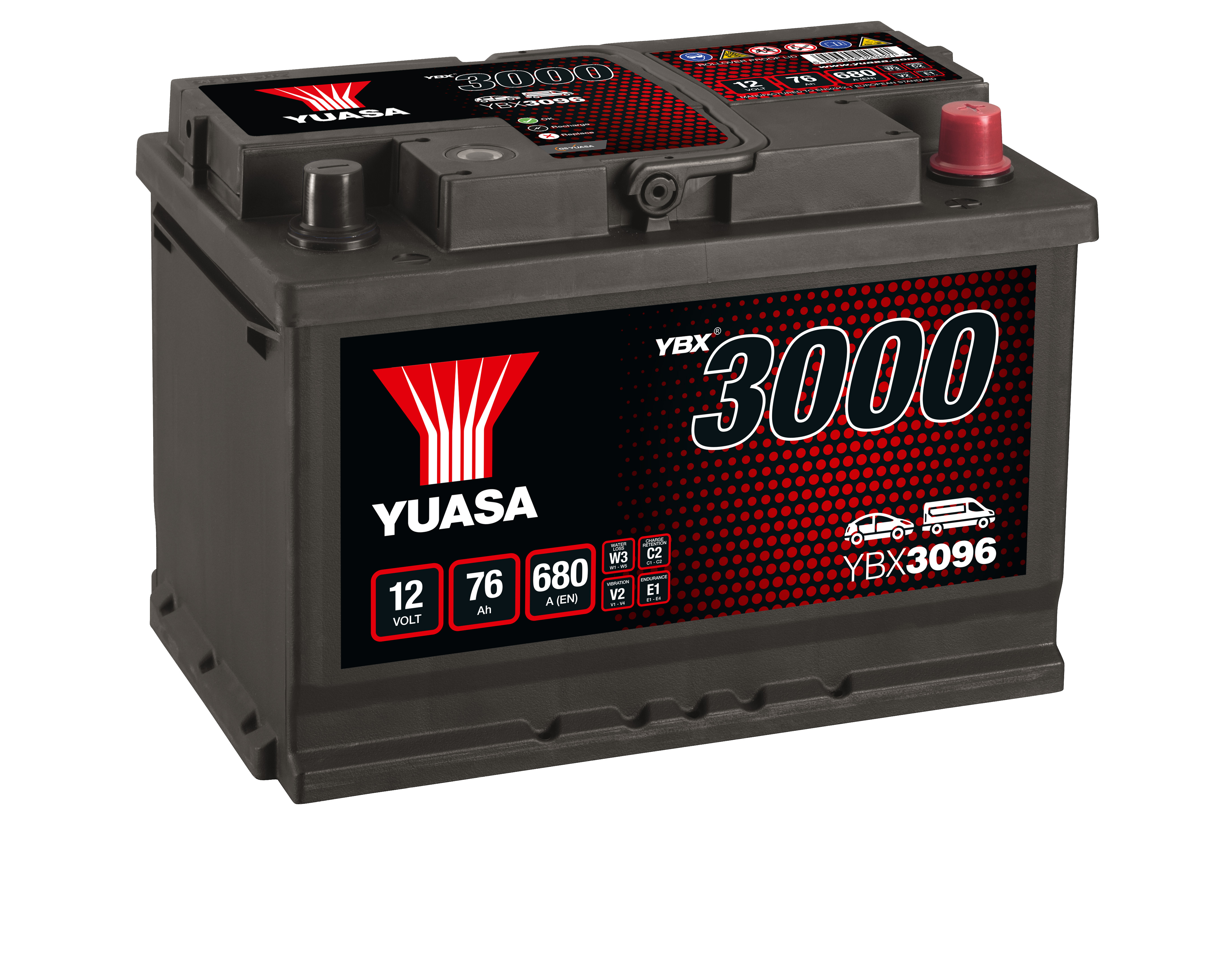 YUASA Starterbatterie YBX3000 SMF 12 V, 76 Ah, 680 A ybx3096 12V 68Ah 680A für Ford Opel Vaughall Fiat Iveco ASTON MARTIN Volvo Mercedes SAAB CH
