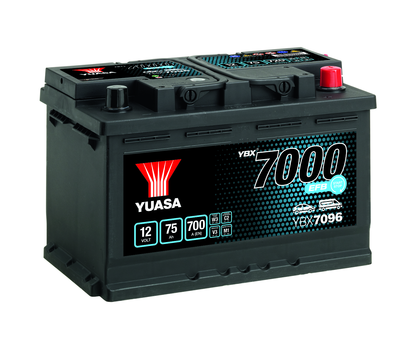 YUASA Starterbatterie AGM YBX7000 - EFB Start Stop Plus 12V 75Ah 700A ybx7096 68Ah für Vaughall Opel Volvo LANCIA Fiat ALFA ROMEO Citroën/Peugeot DS