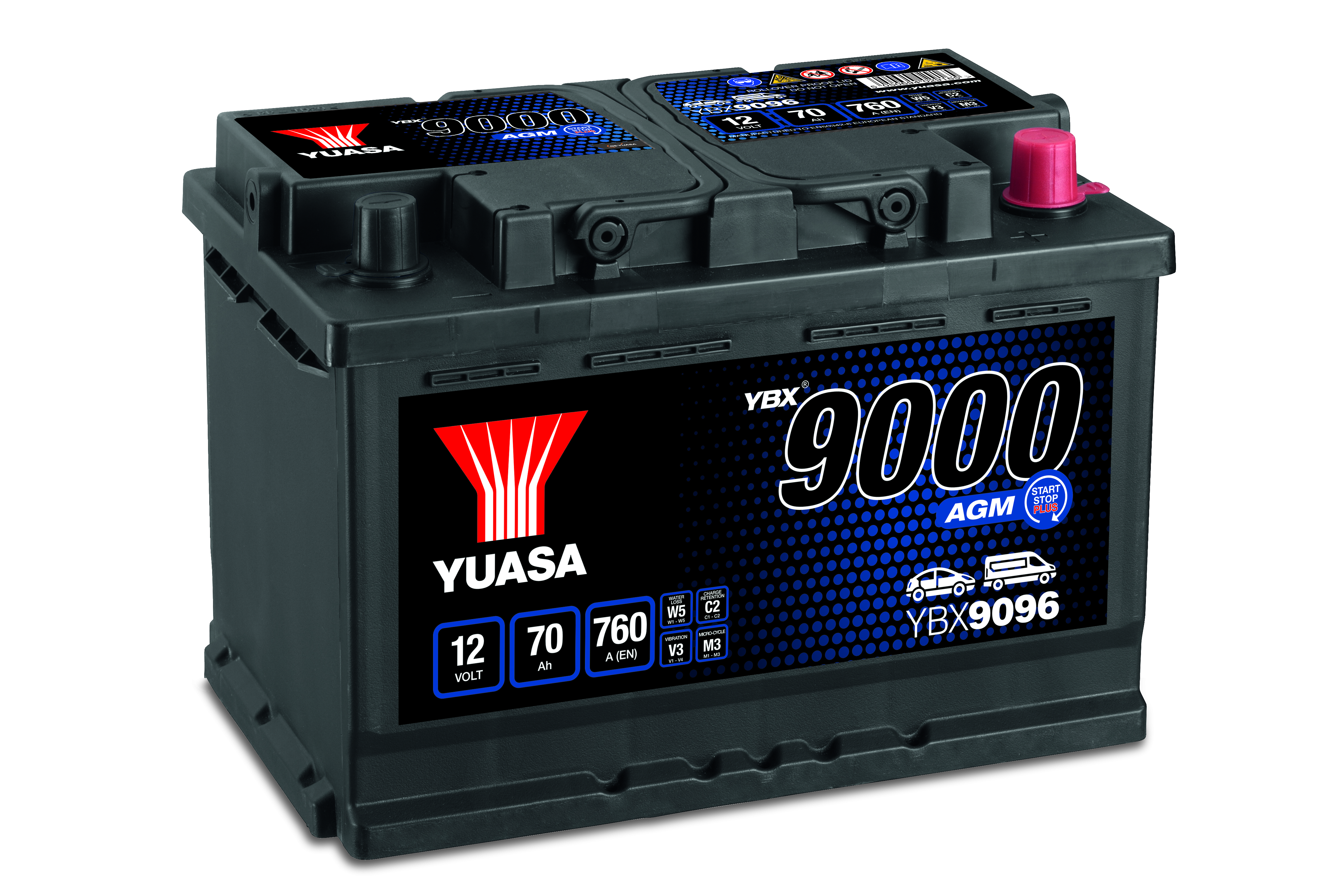 YUASA Starterbatterie YBX9000 AGM Start Stop Plus 12V 70Ah 760A ybx9096 68Ah für Opel Ford Volvo Vaughall Porsche Citroën/Peugeot Skoda HONDA BMW LAN
