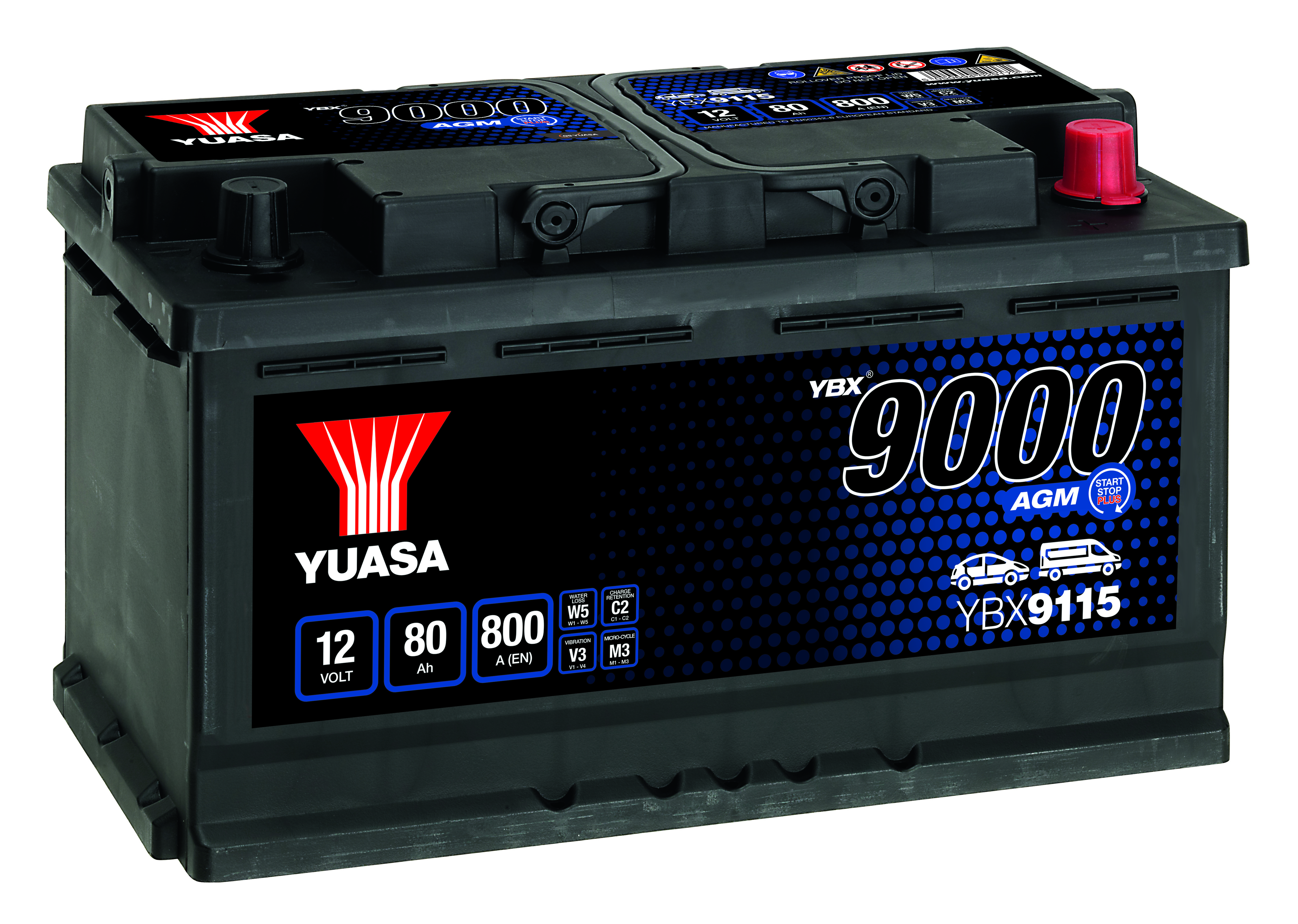 YUASA Starterbatterie YBX9000 AGM Start Stop Plus 12 V, 80 Ah, 800 A ybx9115 12V 68Ah 800A für Opel Ford Volvo Fiat Vaughall JAGUAR KIA VW NISSAN LAN