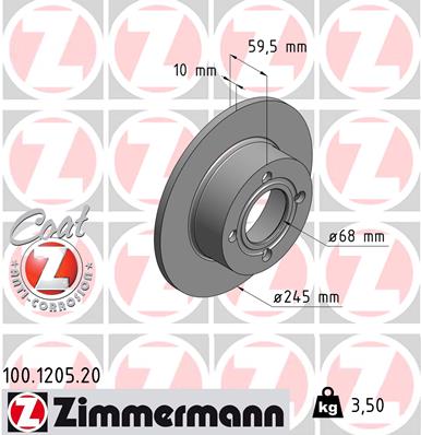 Zimmermann Bremsscheibe Coat Z 100.1205.20 Hinterachse Voll 245Mm 10Mm Für Audi