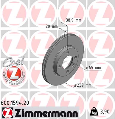 Zimmermann Bremsscheibe 600159420 Vorderachse Belüftet 239Mm 20Mm Für Vag Vw (Svw)