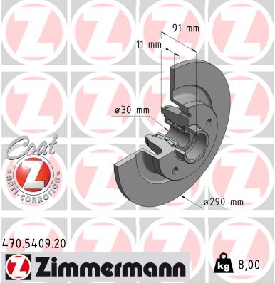 ZIMMERMANN Bremsscheibe 470.5409.20 Hinterachse voll 290mm 11mm für RENAULT