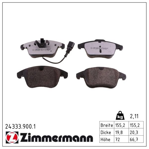 Zimmermann Bremsbelagsatz, Scheibenbremse [Hersteller-Nr. 24333.900.1] für Audi, Seat, Borgward, VW - Bild 3